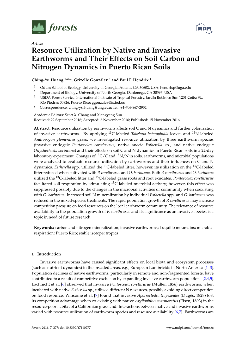 Resource Utilization by Native and Invasive Earthworms and Their Effects on Soil Carbon and Nitrogen Dynamics in Puerto Rican Soils