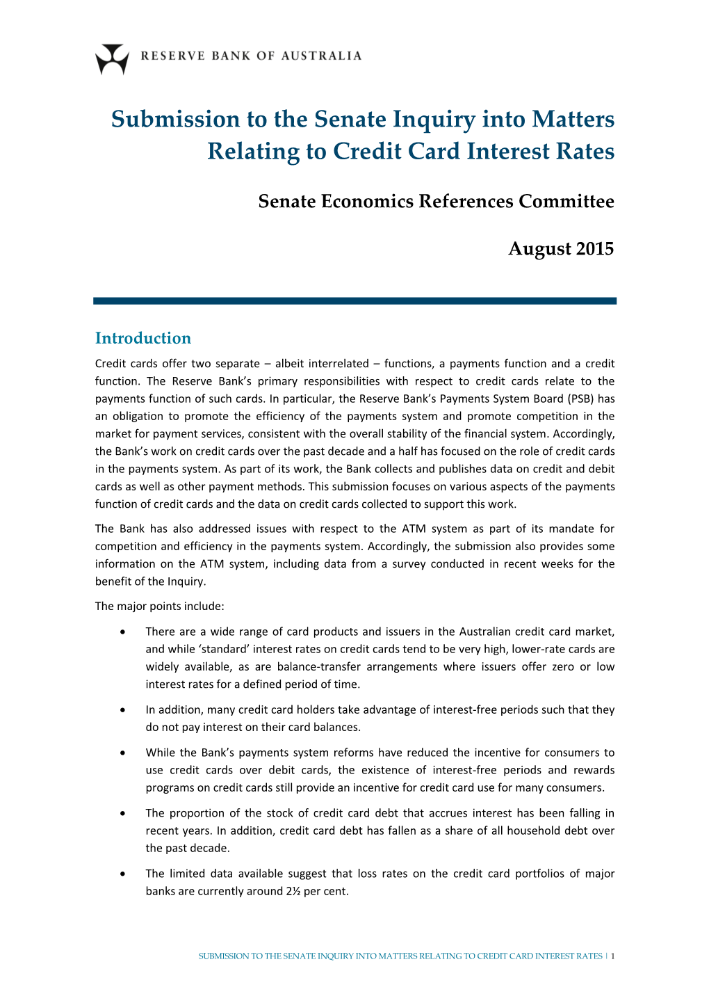 Submission to the Senate Inquiry Into Matters Relating to Credit Card Interest Rates