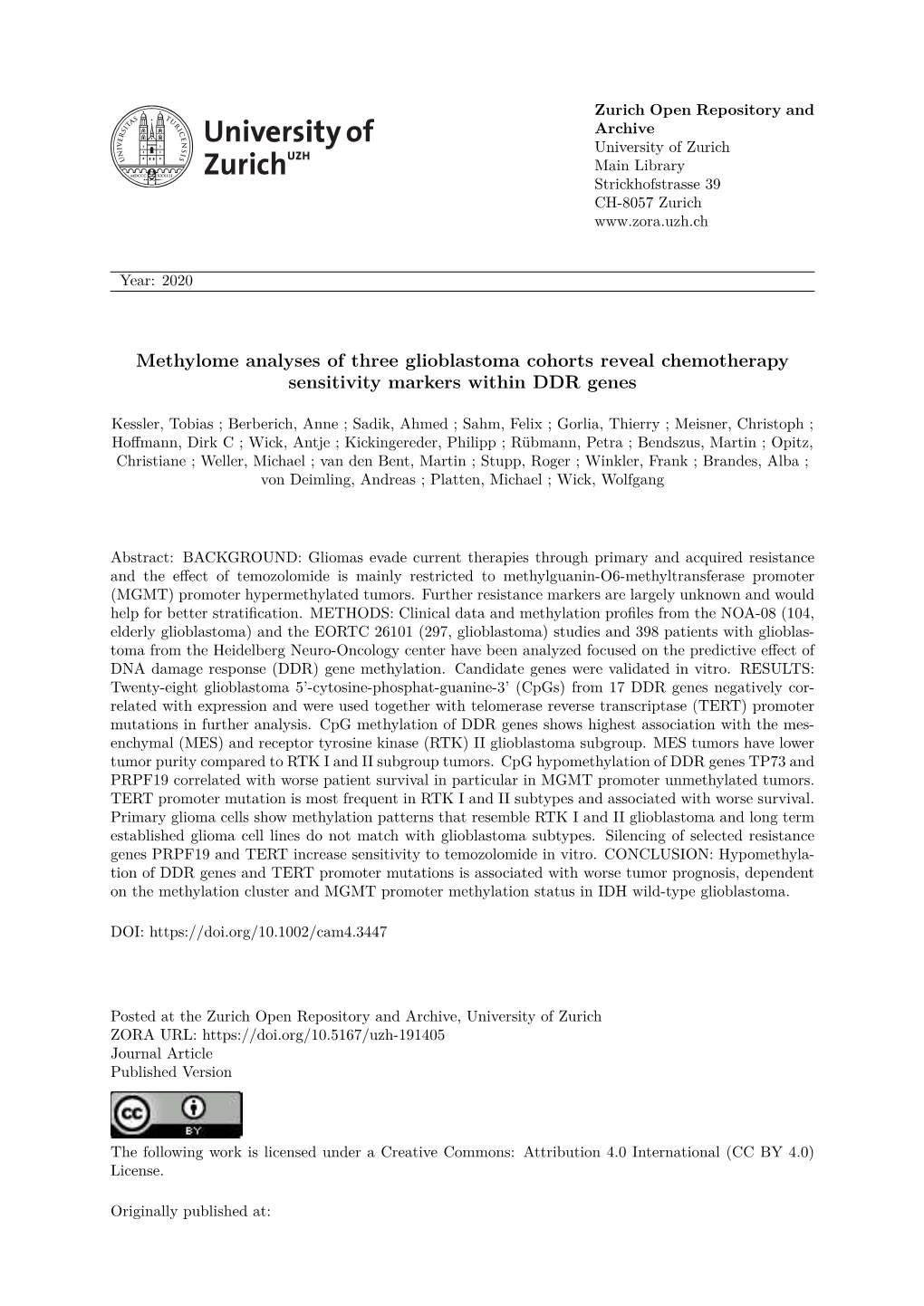 Methylome Analyses of Three Glioblastoma Cohorts Reveal Chemotherapy Sensitivity Markers Within DDR Genes