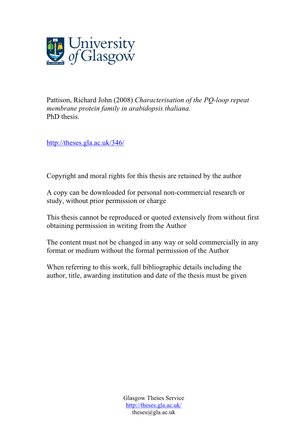 Pattison, Richard John (2008) Characterisation of the PQ-Loop Repeat Membrane Protein Family in Arabidopsis Thaliana