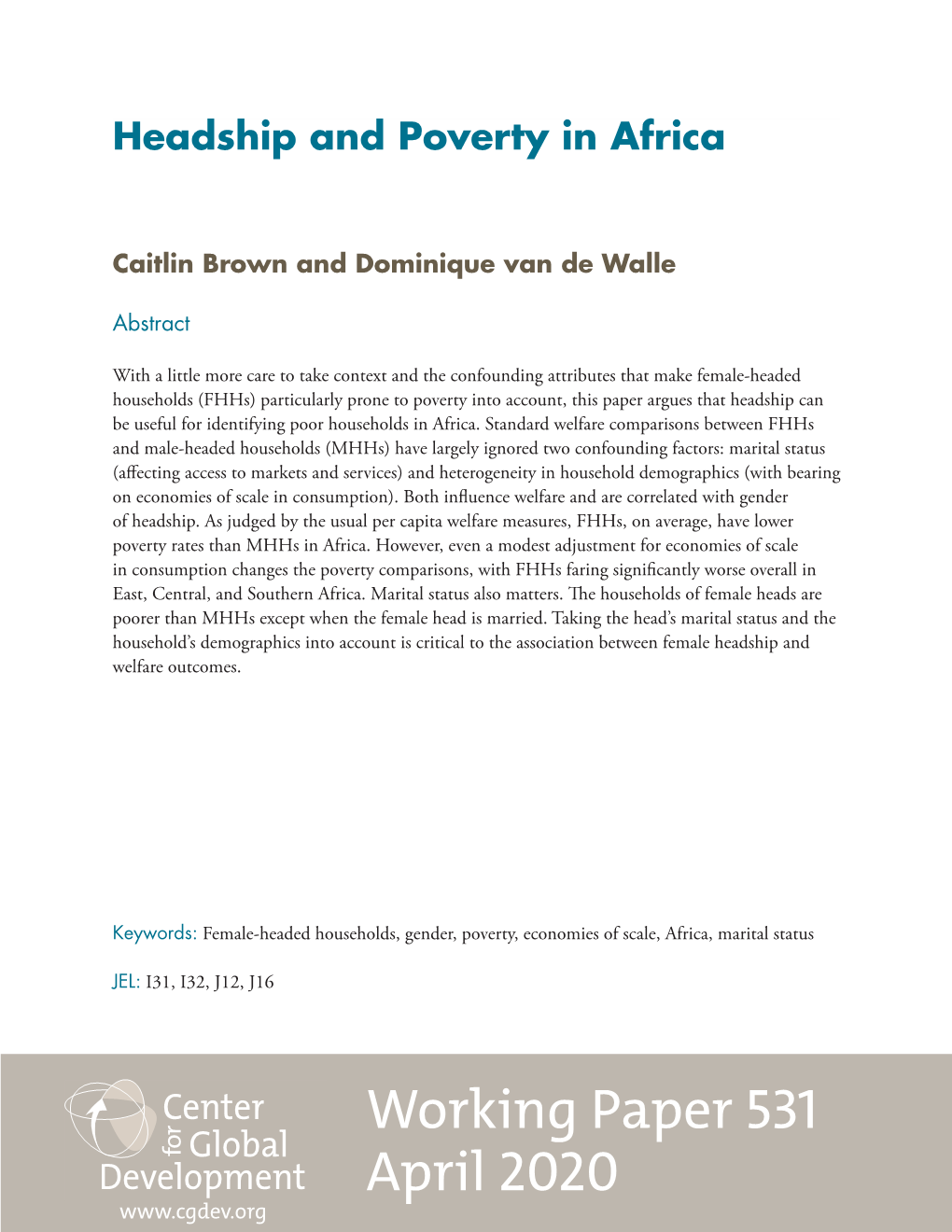 Working Paper 531 April 2020 Headship and Poverty in Africa