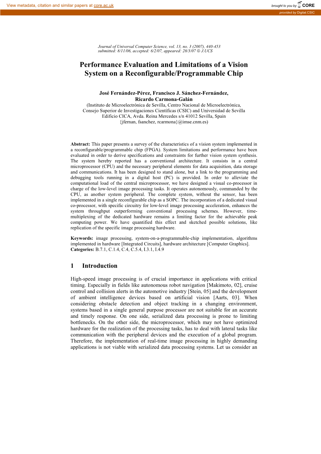 Performance Evaluation and Limitations of a Vision System on a Reconfigurable/Programmable Chip