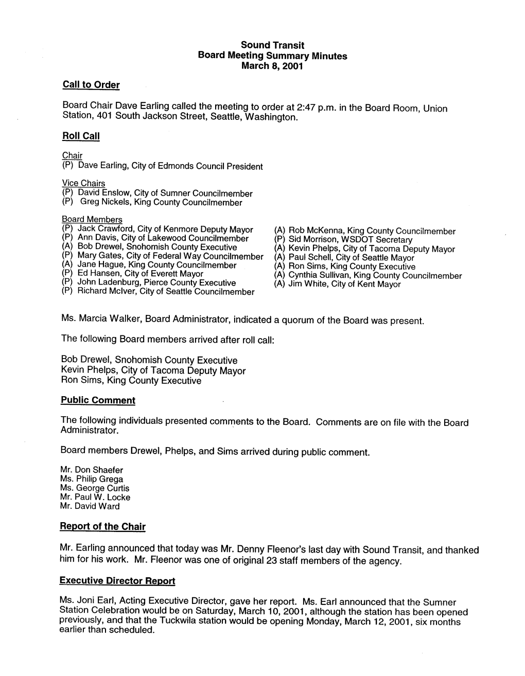 Sound Transit Board Meeting Summary Minutes March 8, 2001