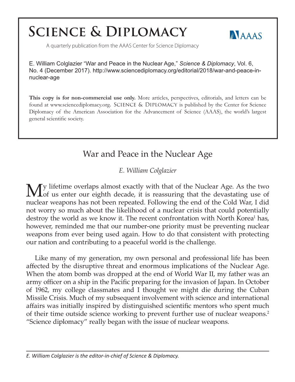 War and Peace in the Nuclear Age,” Science & Diplomacy, Vol