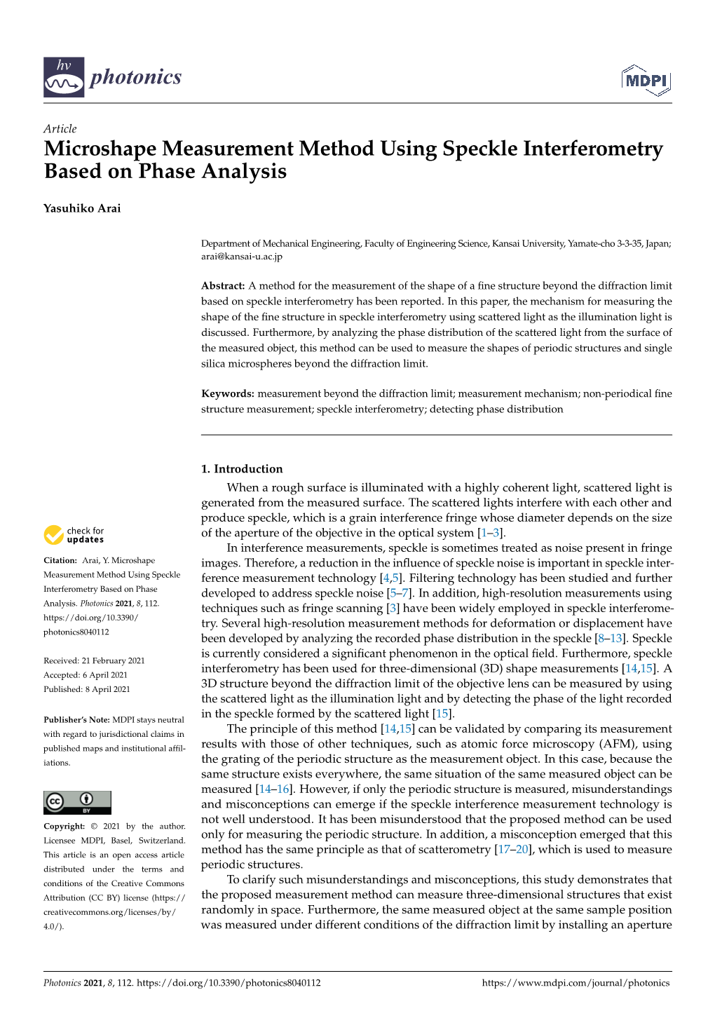 Microshape Measurement Method Using Speckle Interferometry Based on Phase Analysis