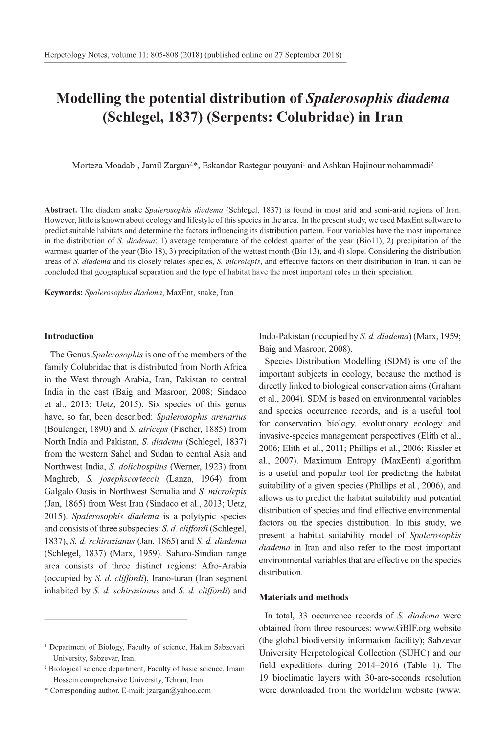 Modelling the Potential Distribution of Spalerosophis Diadema (Schlegel, 1837) (Serpents: Colubridae) in Iran