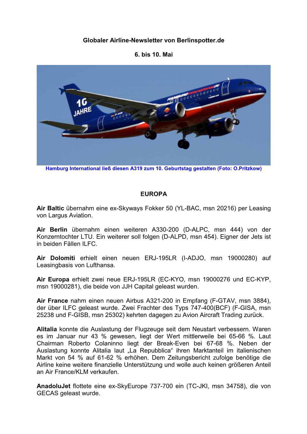 Globaler Airline-Newsletter Von Berlinspotter.De