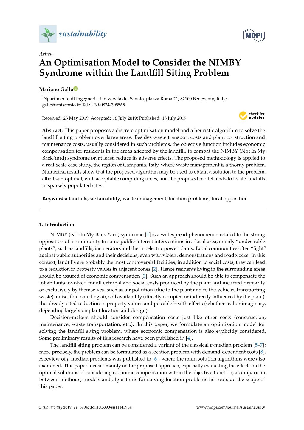 An Optimisation Model to Consider the NIMBY Syndrome Within the Landﬁll Siting Problem