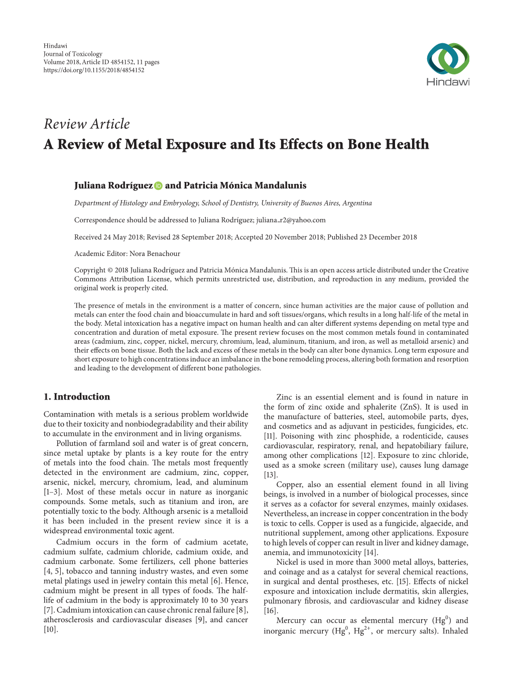 Review Article a Review of Metal Exposure and Its Effects on Bone Health
