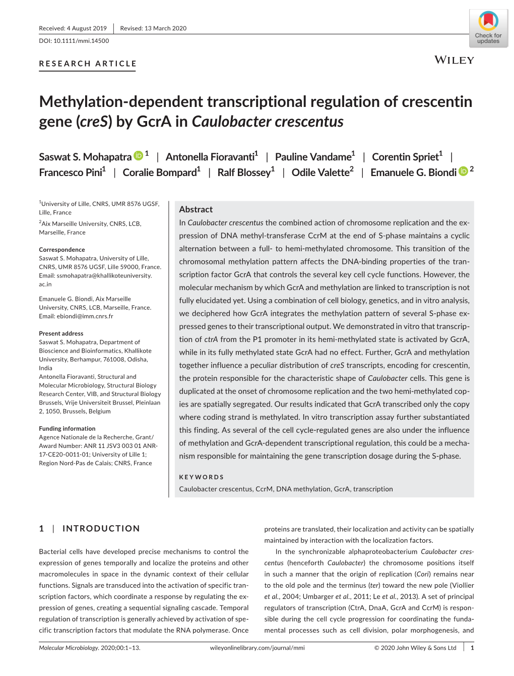 Methylation‐Dependent Transcriptional Regulation of Crescentin Gene