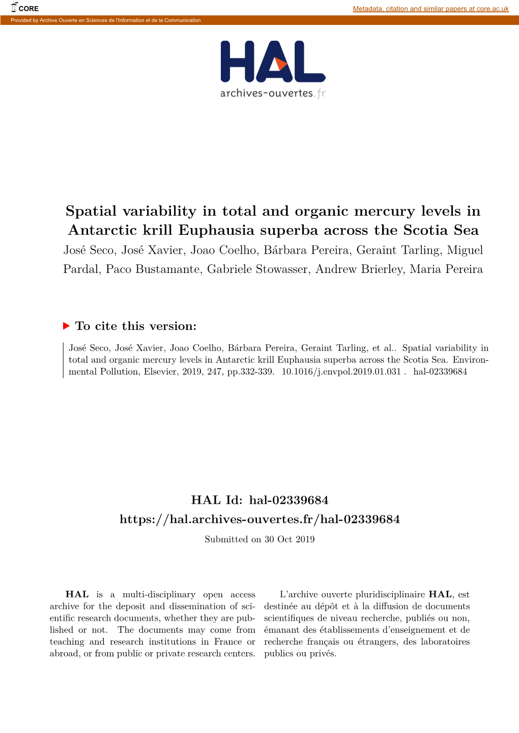 Spatial Variability in Total and Organic Mercury Levels in Antarctic Krill