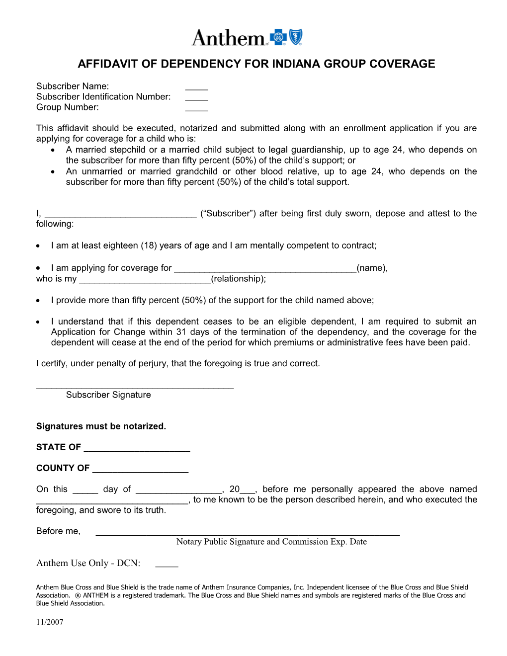 Affidavit of Dependency for Indiana Group Coverage