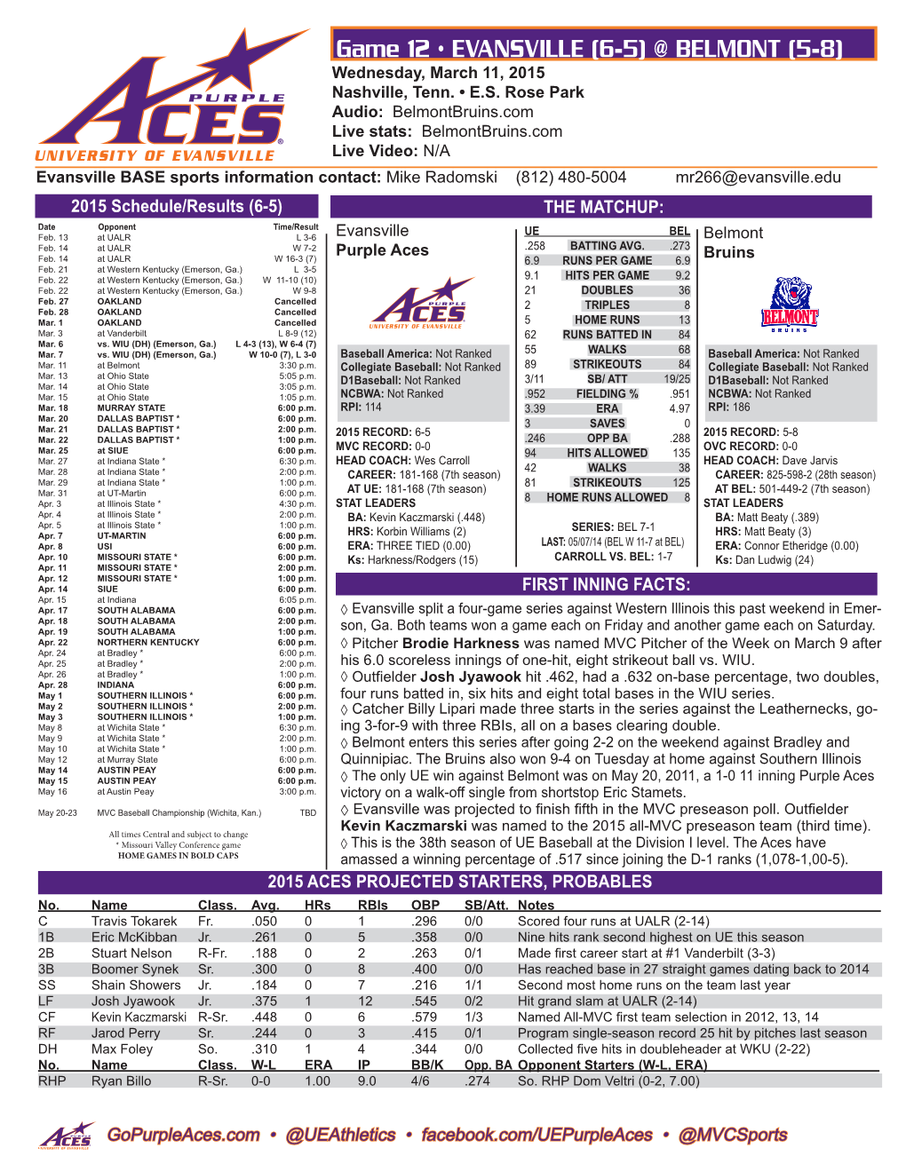 Game 12 • EVANSVILLE (6-5) @ BELMONT (5-8) Wednesday, March 11, 2015 Nashville, Tenn