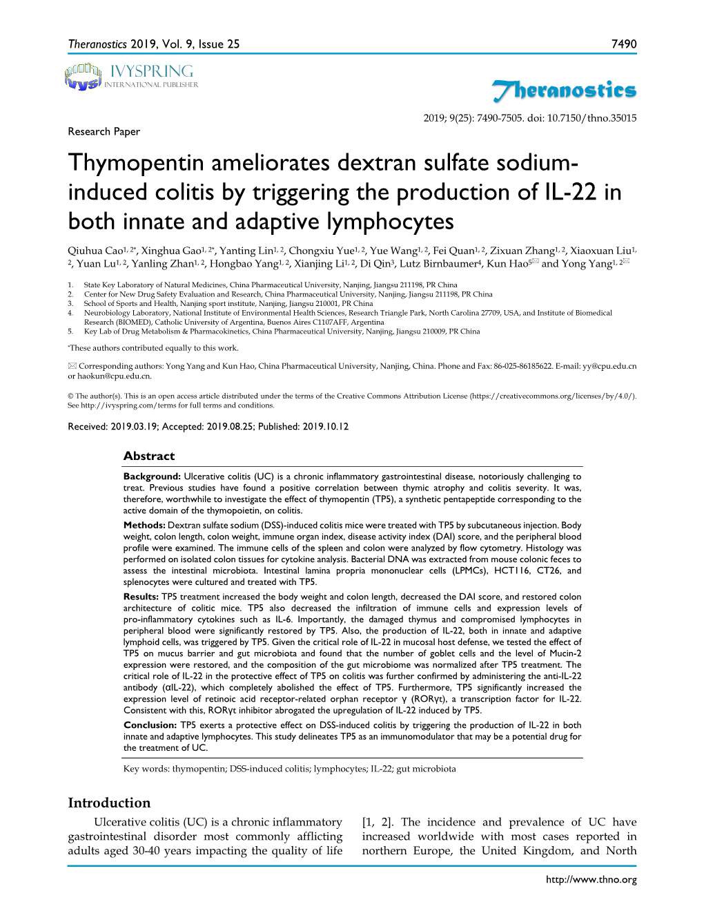 Thymopentin Ameliorates Dextran Sulfate Sodiuminduced Colitis By