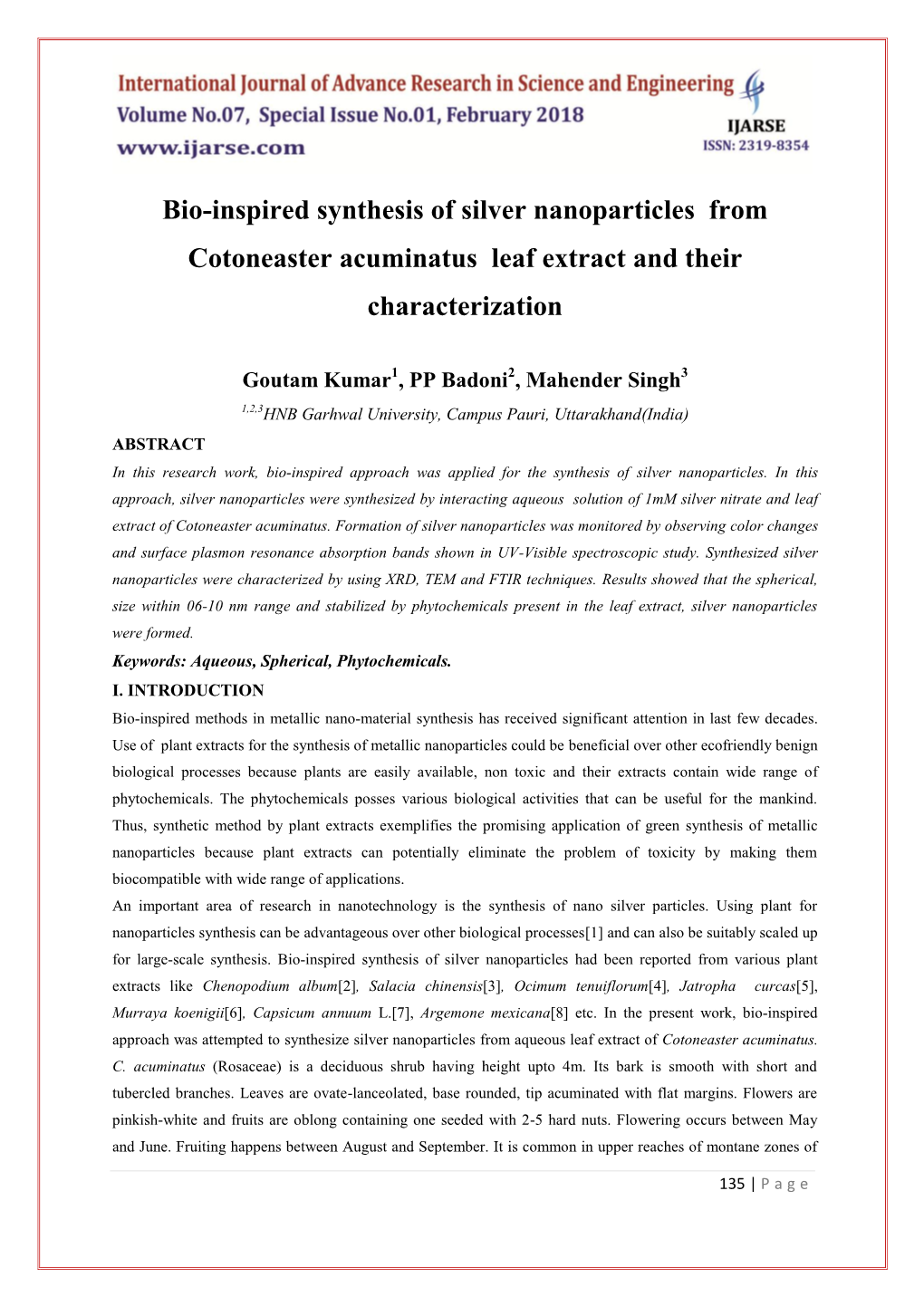 Bio-Inspired Synthesis of Silver Nanoparticles from Cotoneaster Acuminatus Leaf Extract and Their Characterization