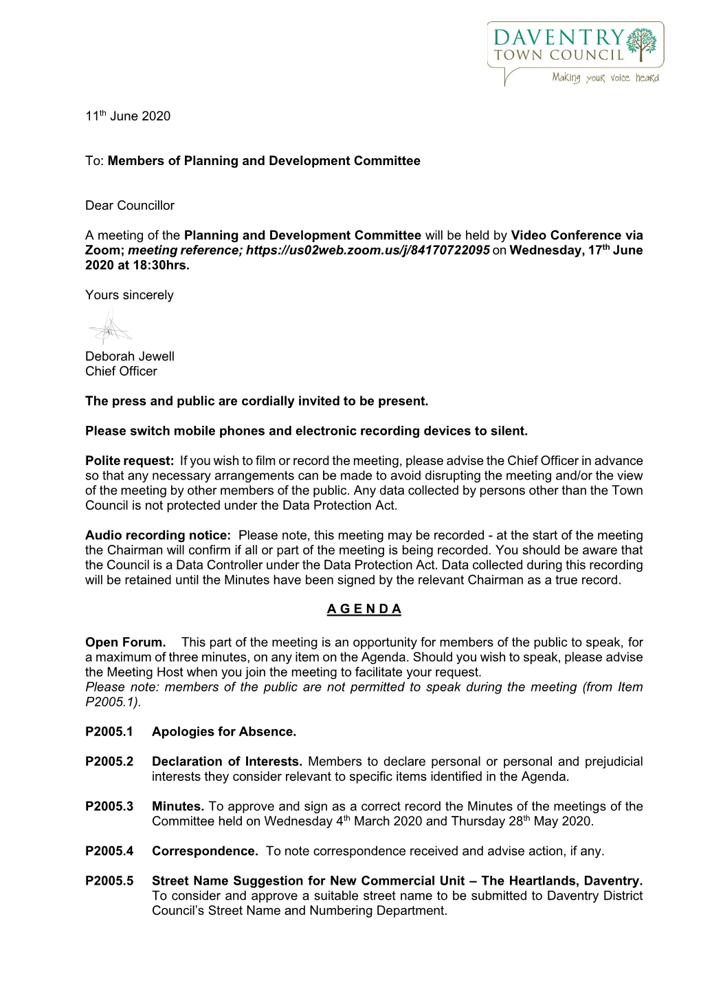 11Th June 2020 To: Members of Planning