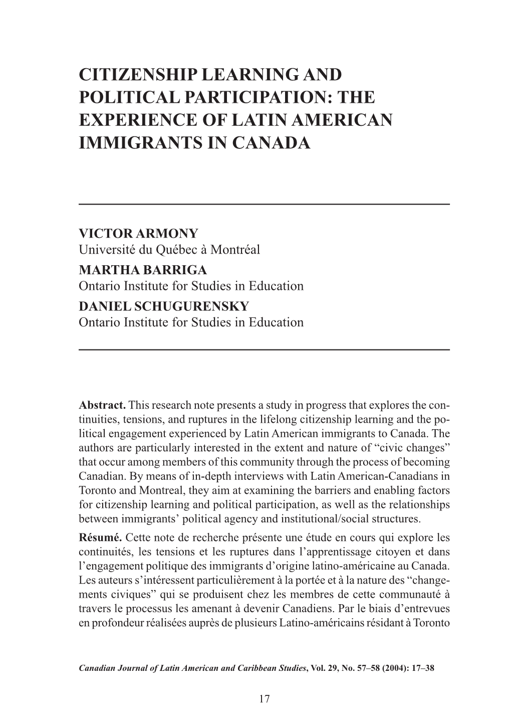 Citizenship Learning and Political Participation: the Experience of Latin American Immigrants in Canada