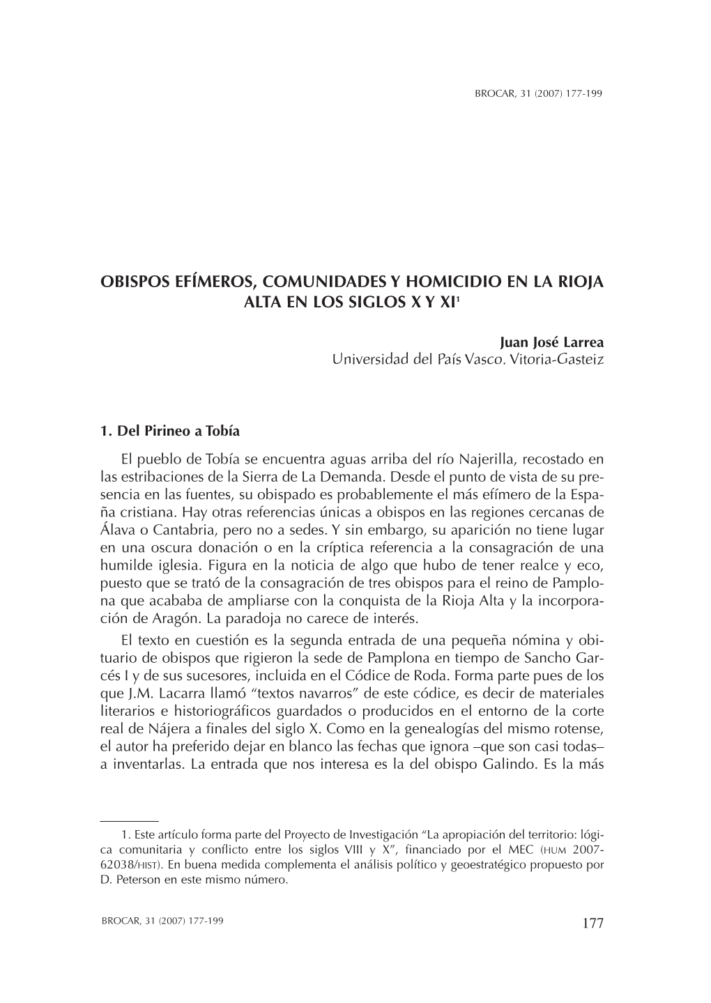 Obispos Efímeros, Comunidades Y Homicidio En La Rioja Alta En Los Siglos X Y Xi1