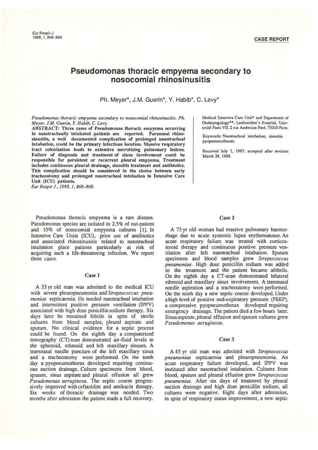Pseudomonas Thoracic Empyema Secondary to Nosocomial Rhinosinusitis