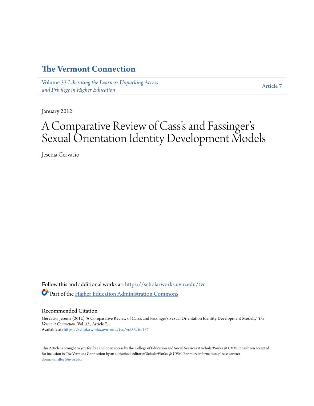 A Comparative Review of Cass's and Fassinger's Sexual Orientation Identity Development Models