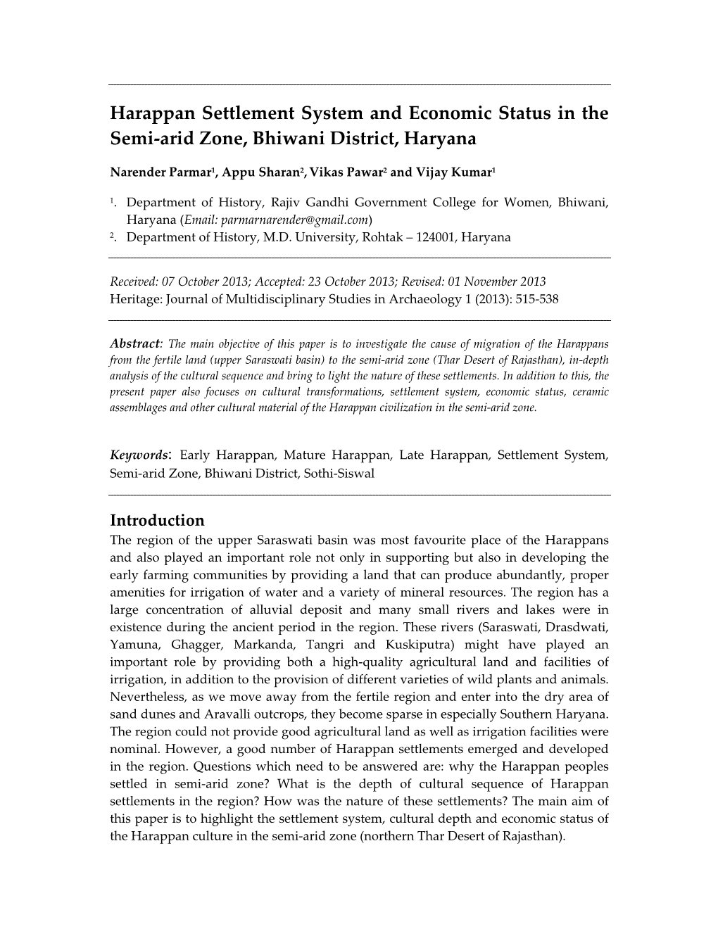 Harappan Settlement System and Economic Status in the Semi-Arid