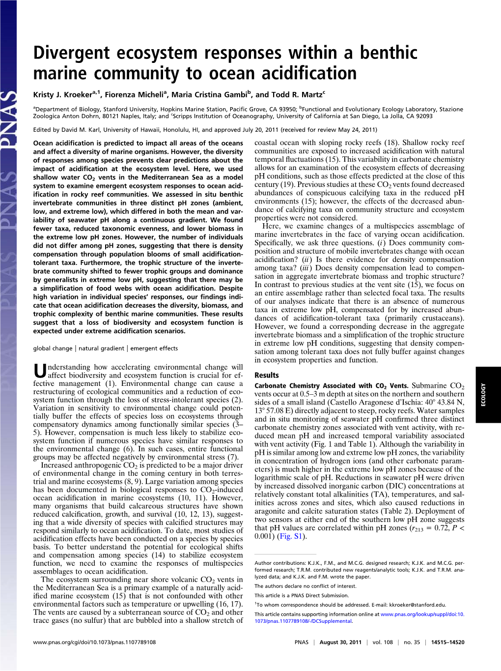 Divergent Ecosystem Responses Within a Benthic Marine Community to Ocean Acidiﬁcation