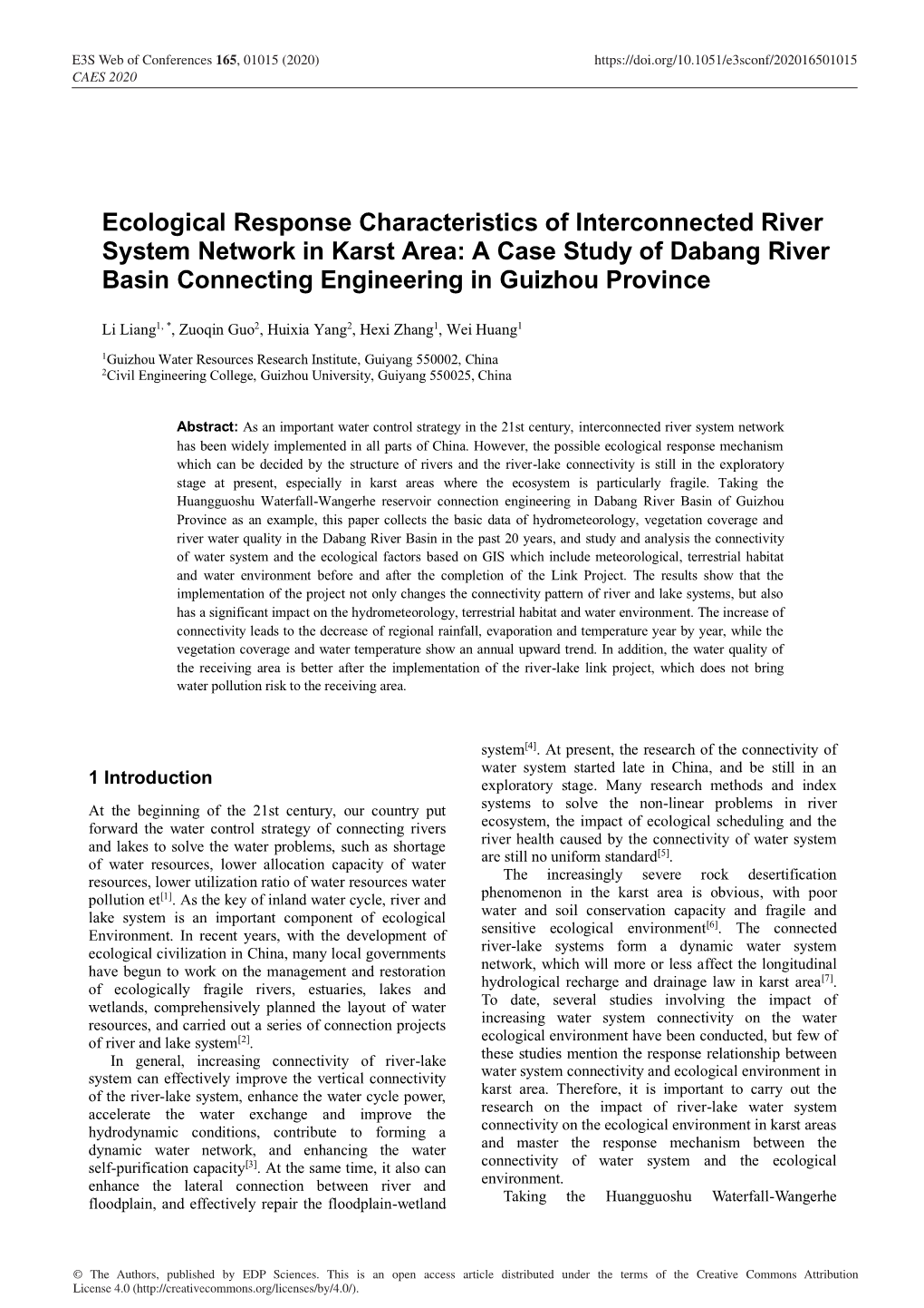 Ecological Response Characteristics of Interconnected River System