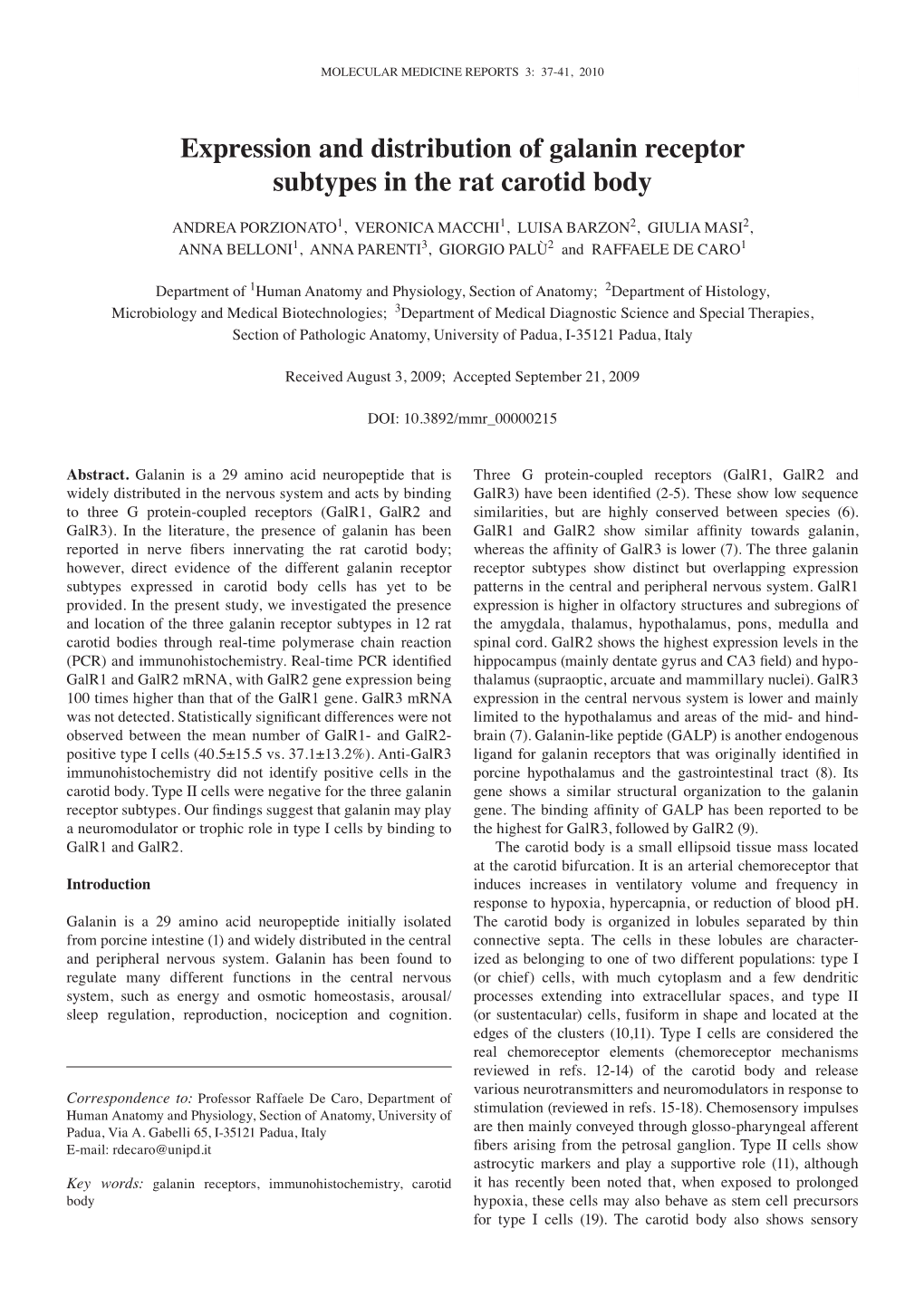 Expression and Distribution of Galanin Receptor Subtypes in the Rat Carotid Body