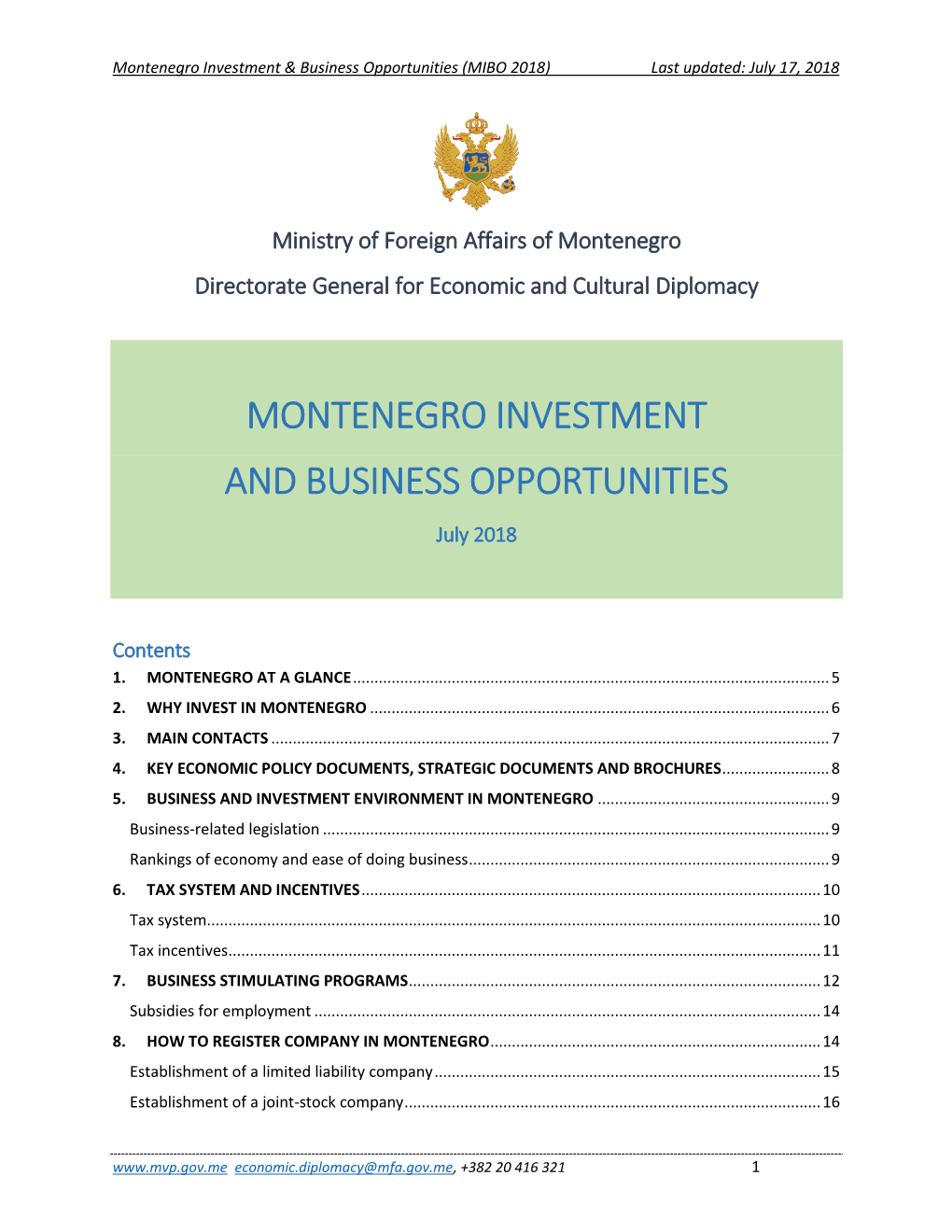 MONTENEGRO INVESTMENT and BUSINESS OPPORTUNITIES July 2018
