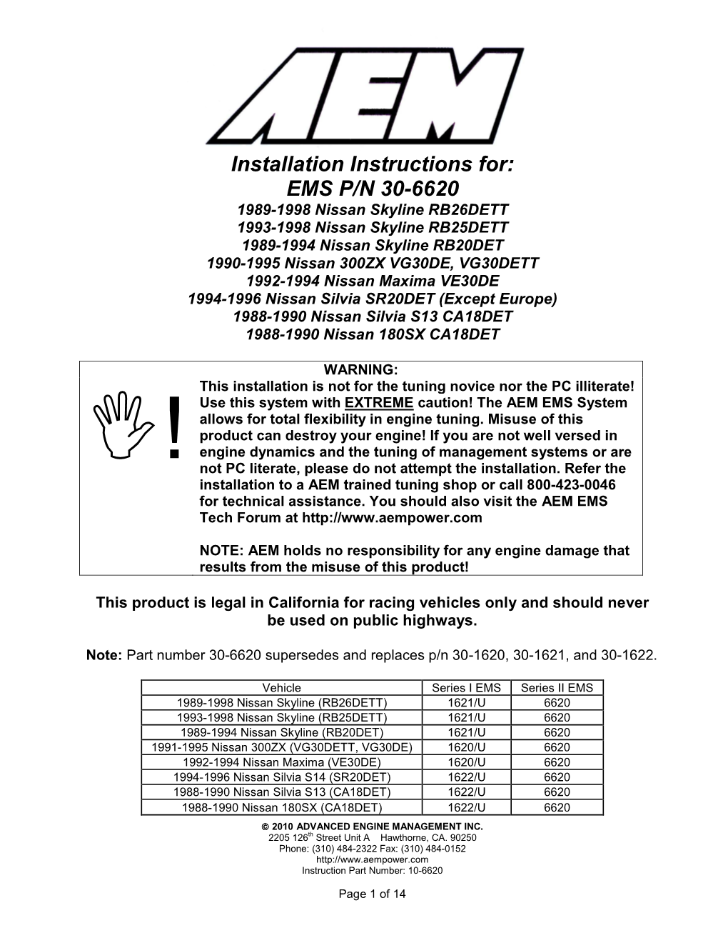 Installation Instructions For: EMS P/N 30-6620