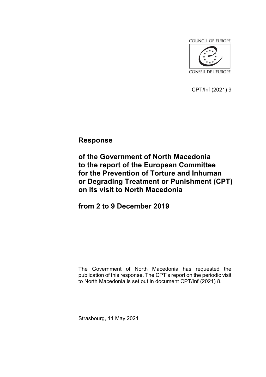 Response of the Government of North Macedonia to the Report of the European Committee for the Prevention of Torture and Inhuman