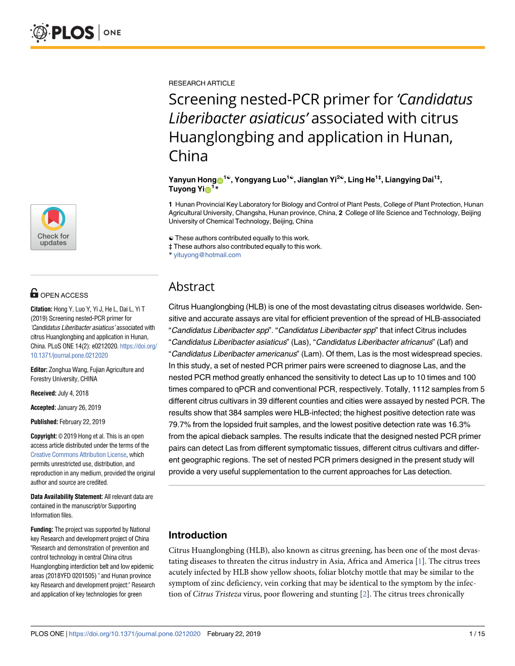 Candidatus Liberibacter Asiaticus’ Associated with Citrus Huanglongbing and Application in Hunan, China