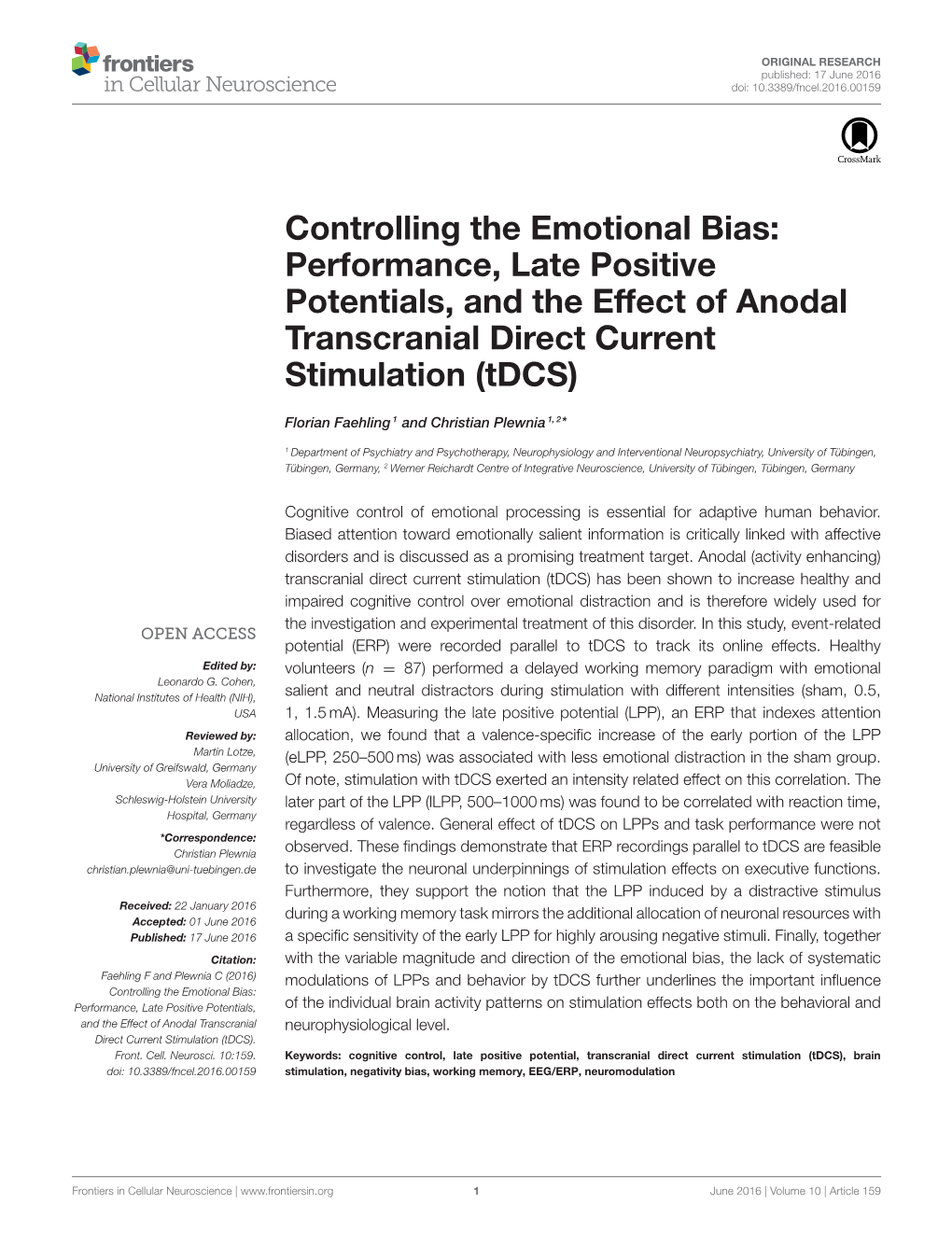 Controlling the Emotional Bias: Performance, Late Positive Potentials, and the Effect of Anodal Transcranial Direct Current Stimulation (Tdcs)
