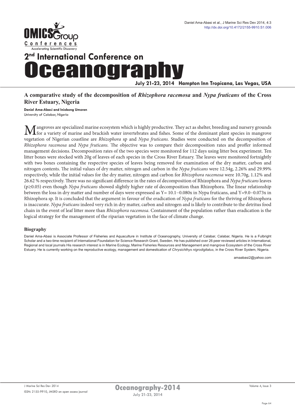 Oceanography July 21-23, 2014 Hampton Inn Tropicana, Las Vegas, USA