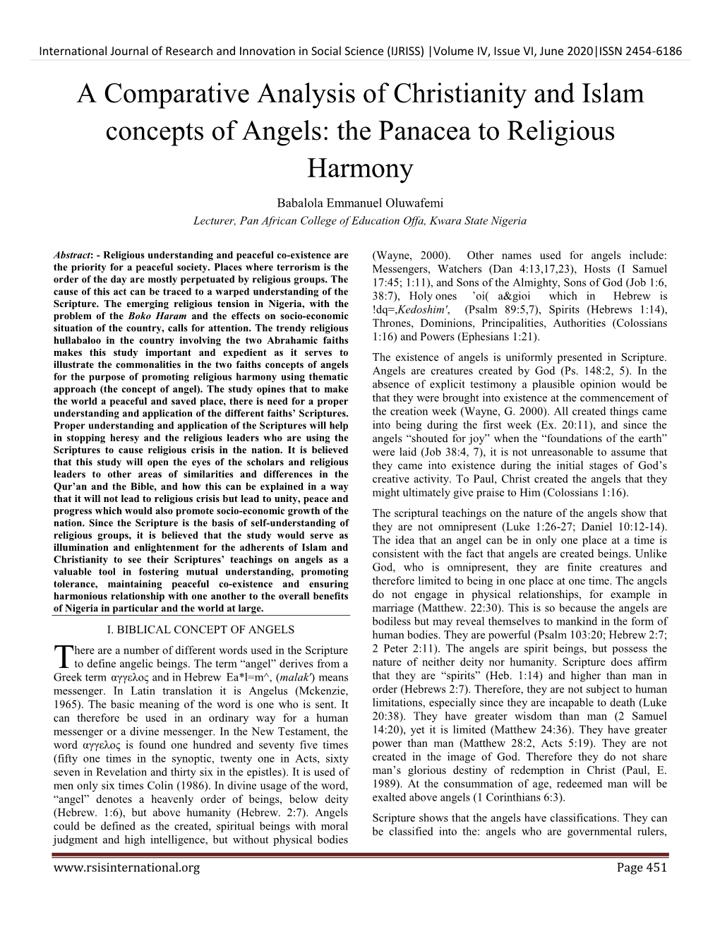 A Comparative Analysis of Christianity and Islam Concepts of Angels: the Panacea to Religious Harmony