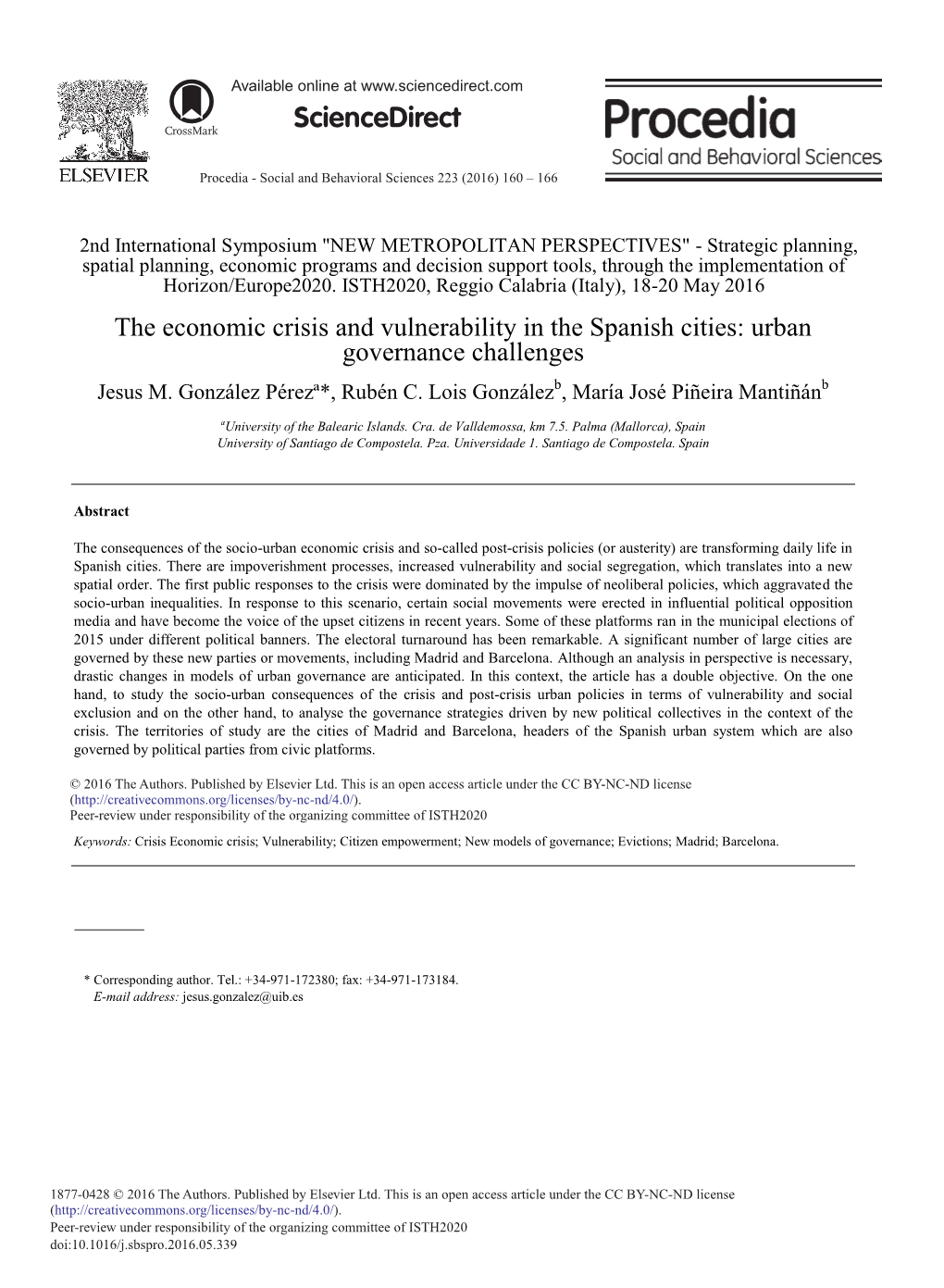 The Economic Crisis and Vulnerability in the Spanish Cities: Urban Governance Challenges Jesus M