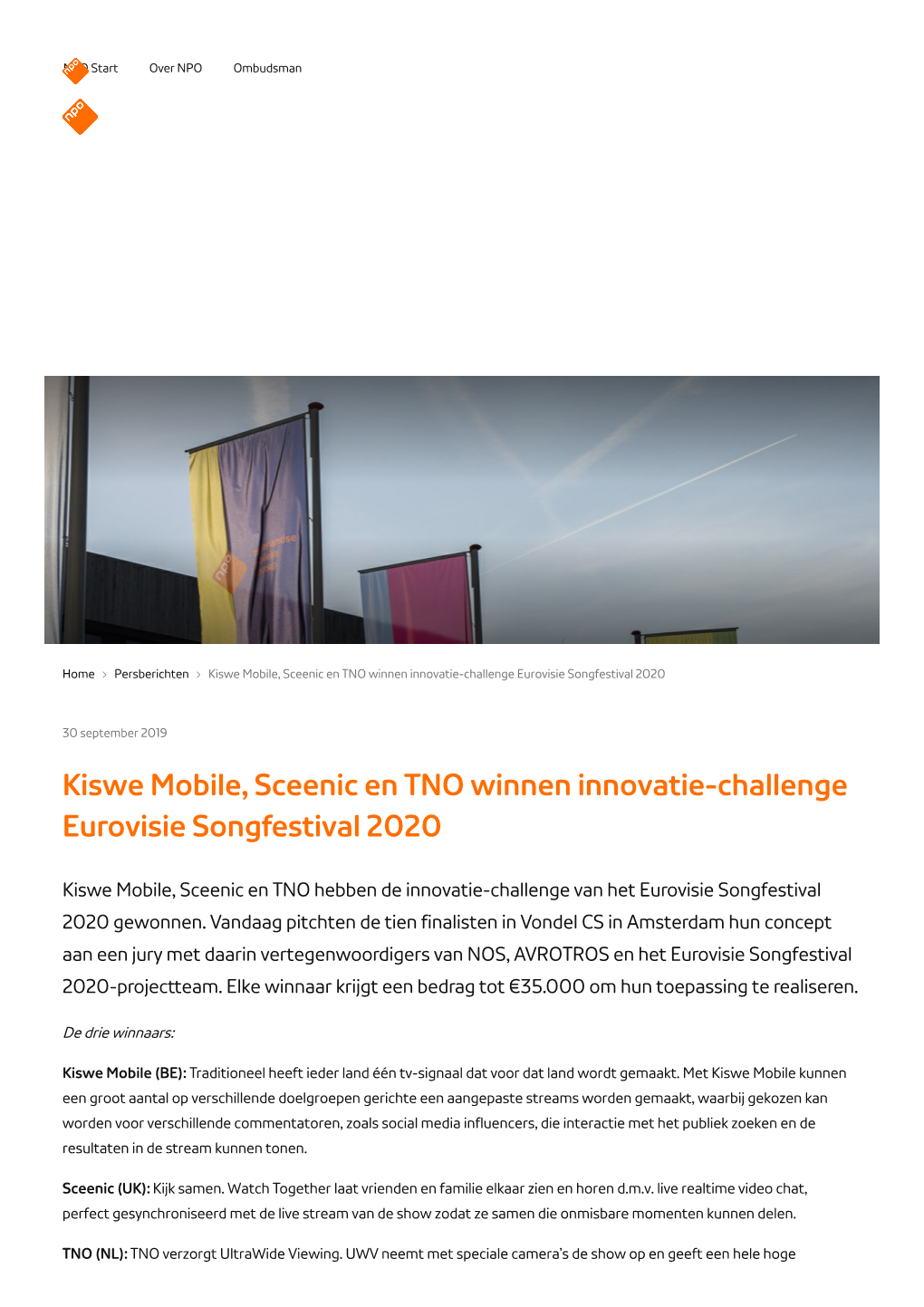 Kiswe Mobile, Sceenic En TNO Winnen Innovatie-Challenge Eurovisie Songfestival 2020