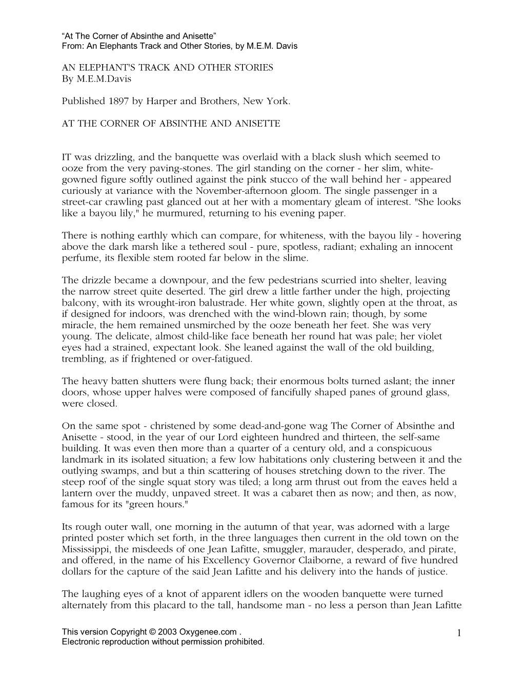 1 an ELEPHANT's TRACK and OTHER STORIES by M.E.M.Davis Published 1897 by Harper and Brothers, New York. at the CORNER of ABSINTH