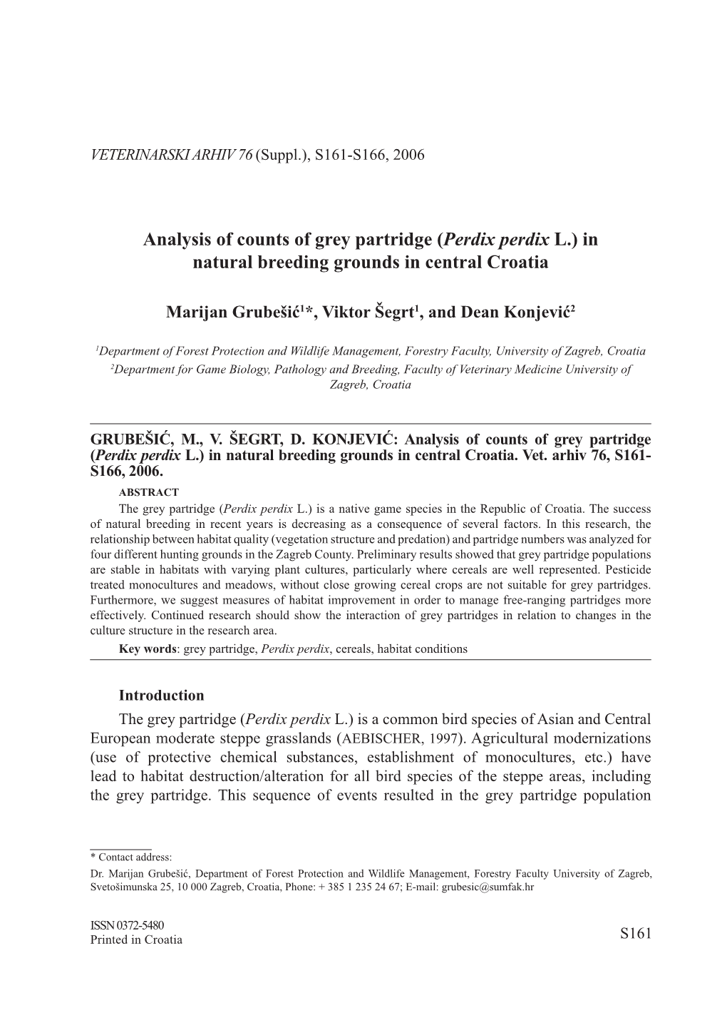 Analysis of Counts of Grey Partridge (Perdix Perdix L.) in Natural Breeding Grounds in Central Croatia