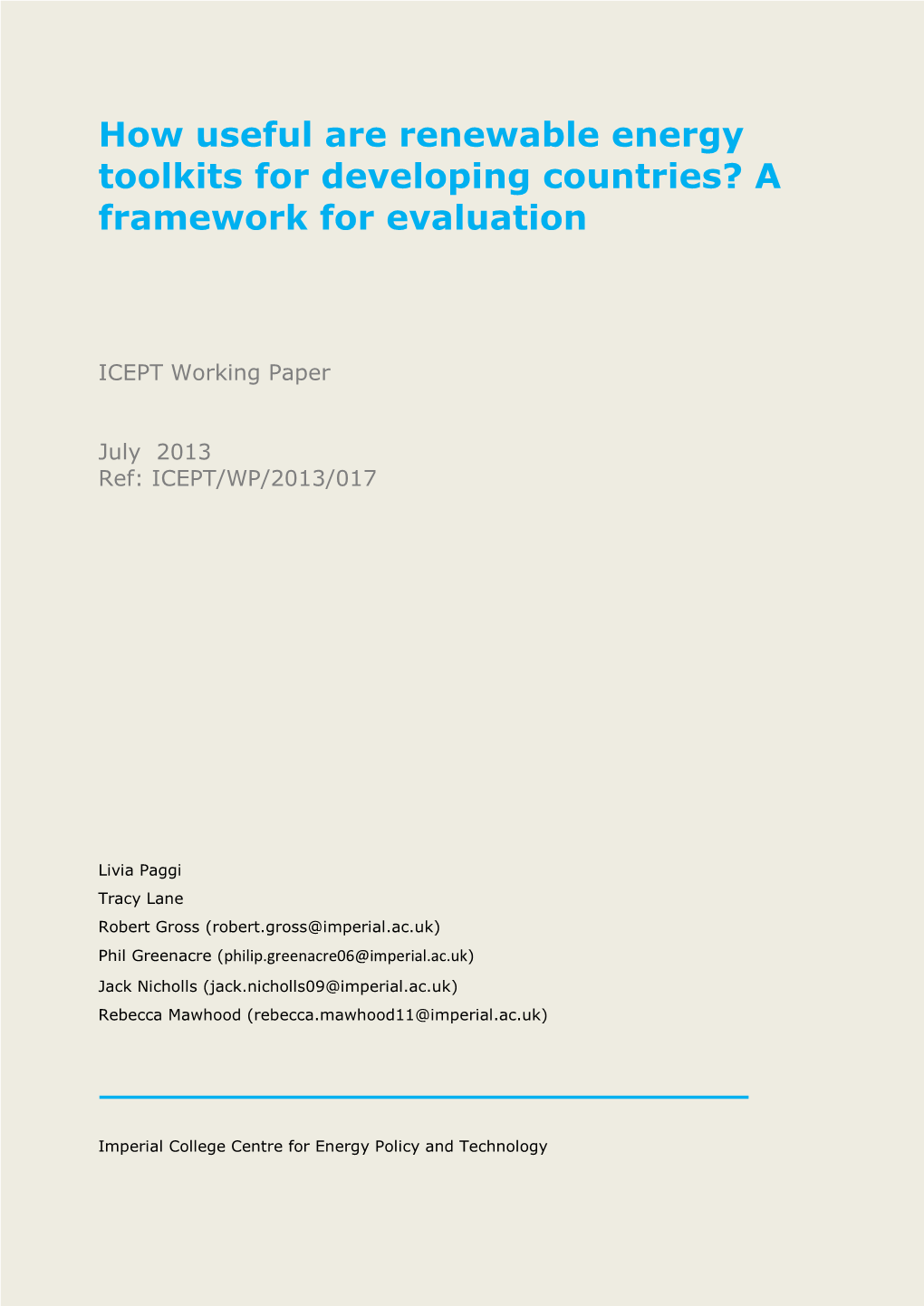 How Useful Are Renewable Energy Toolkits for Developing Countries? a Framework for Evaluation