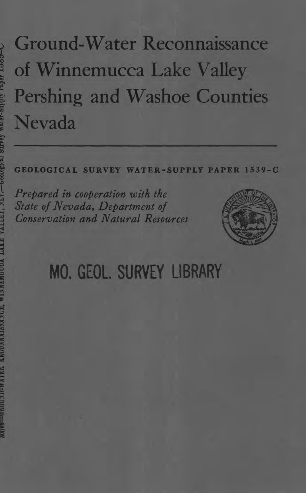 Ground-Water Reconnaissance of Winnemucca Lake Valley Pershing and Washoe Counties Nevada