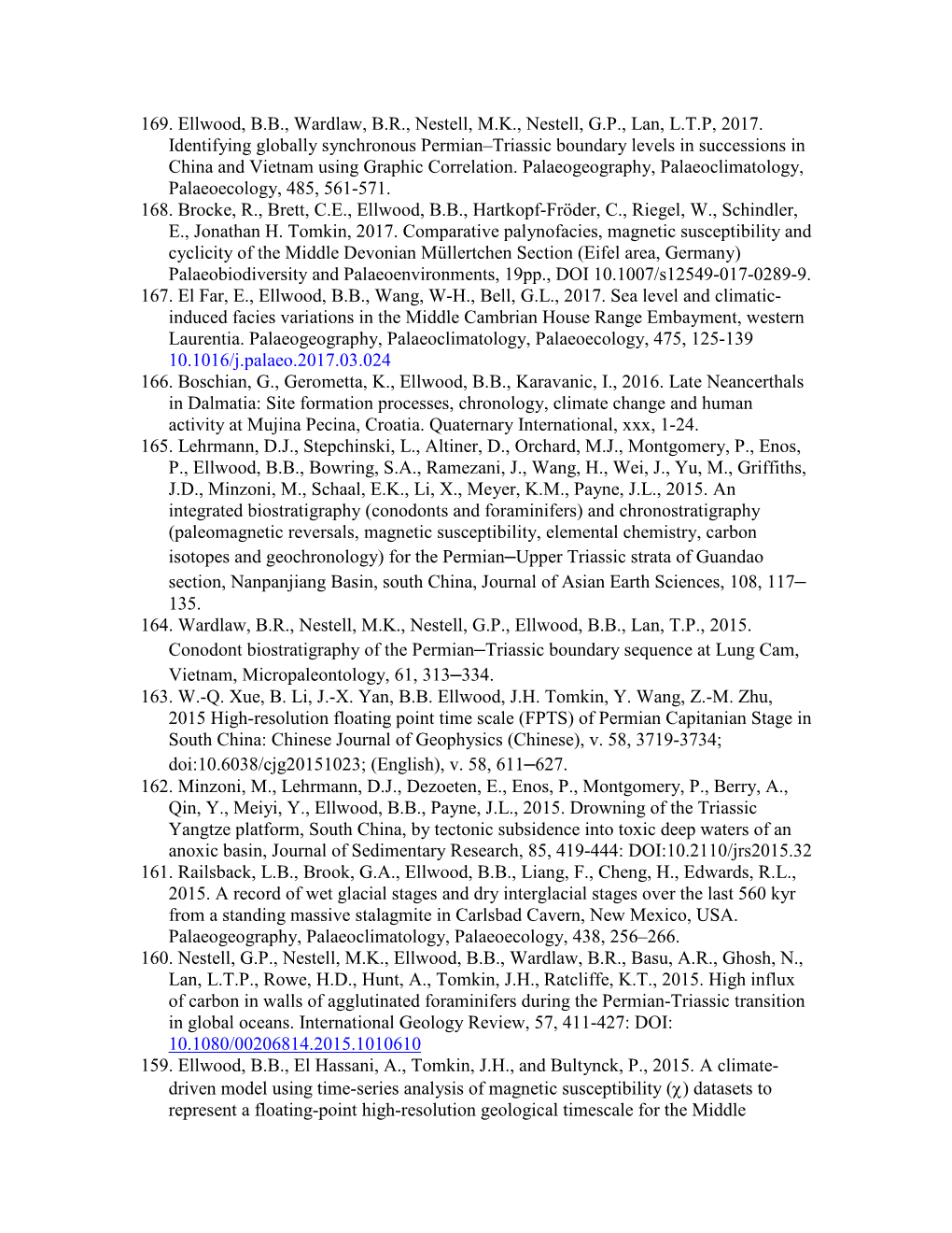 169. Ellwood, B.B., Wardlaw, B.R., Nestell, M.K., Nestell, G.P., Lan, L.T.P, 2017. Identifying Globally Synchronous Permian–Tr