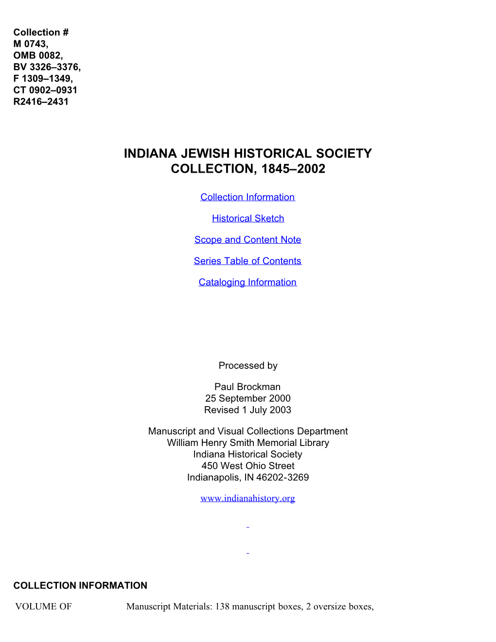 Indiana Jewish Historical Society Collection, 1845-2002