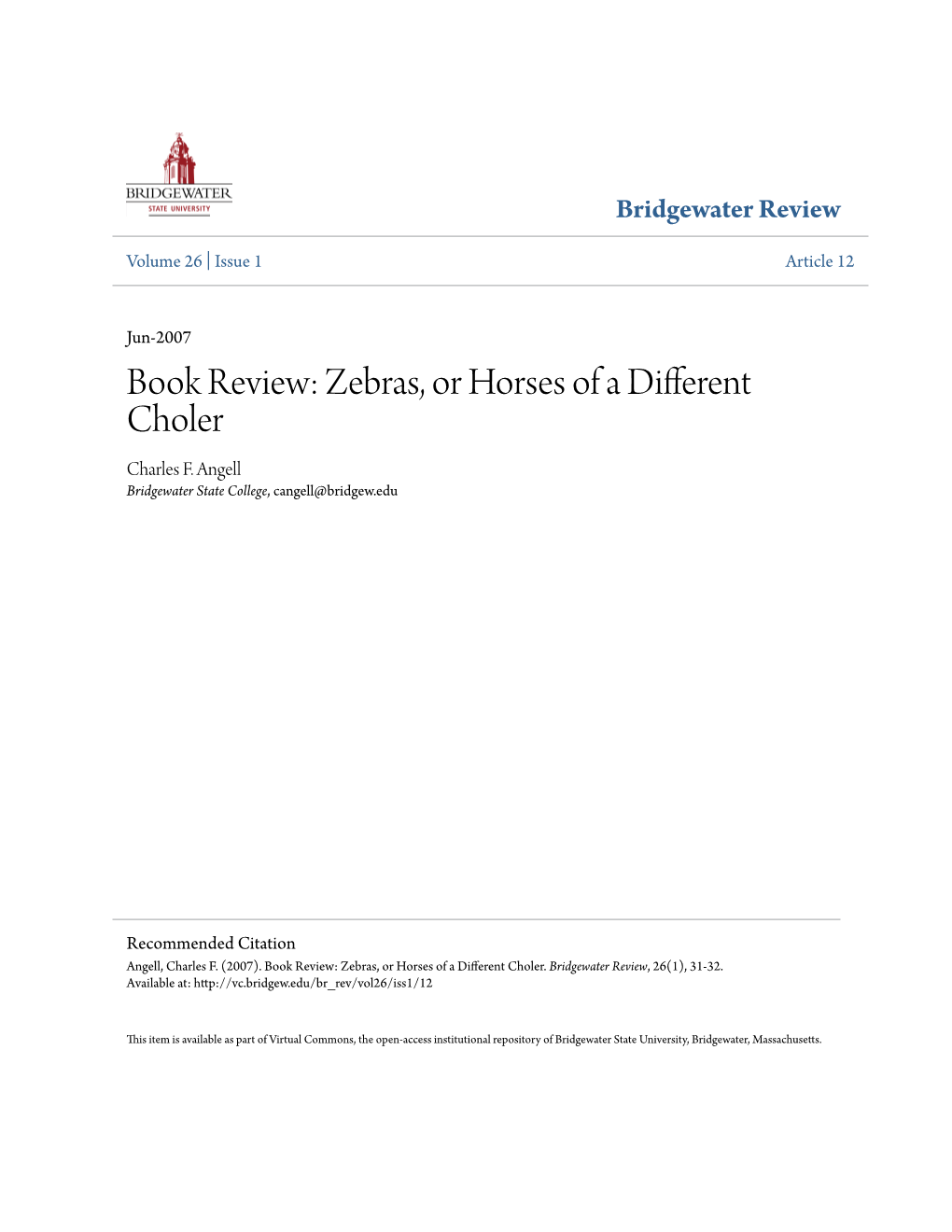 Book Review: Zebras, Or Horses of a Different Choler Charles F