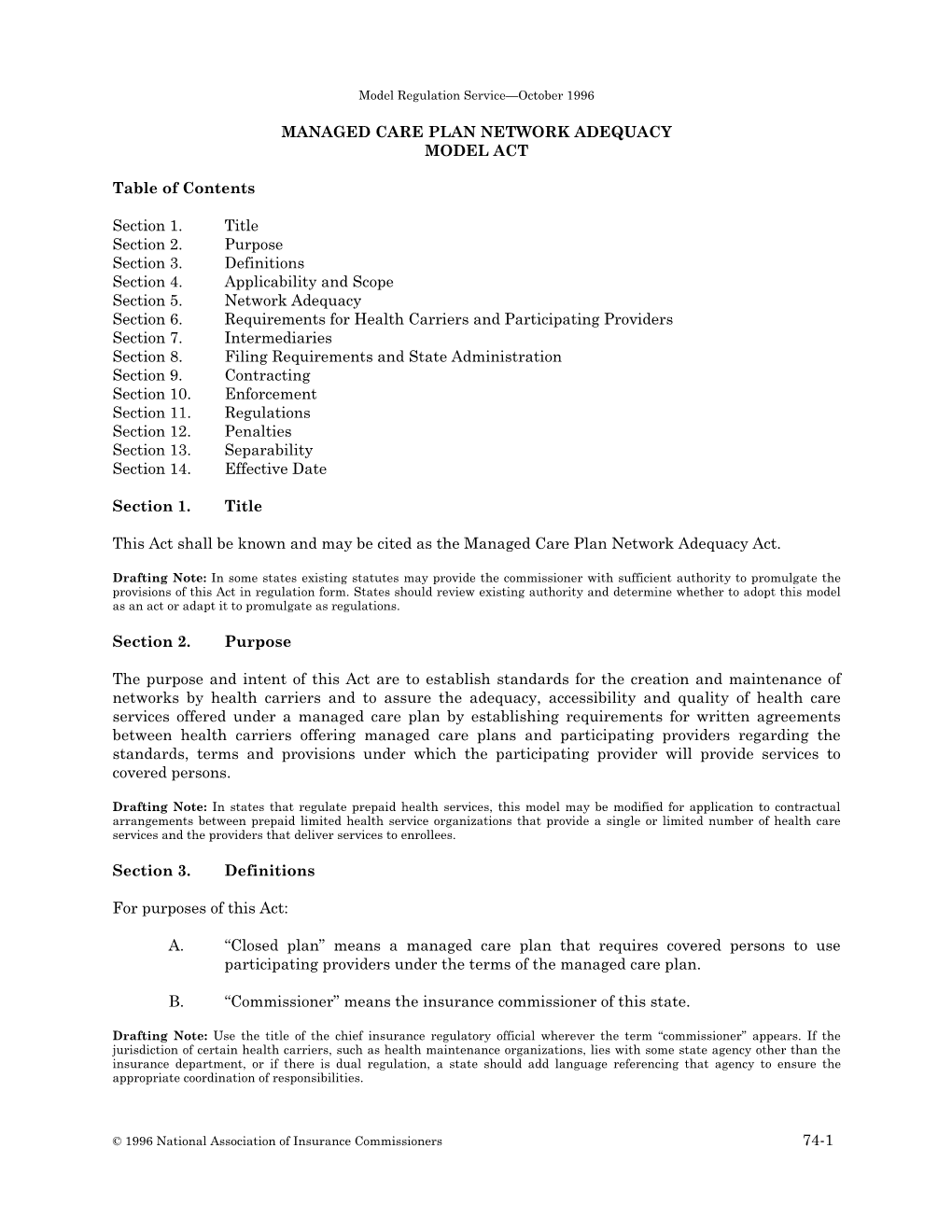 74-1 Managed Care Plan Network Adequacy Model Act