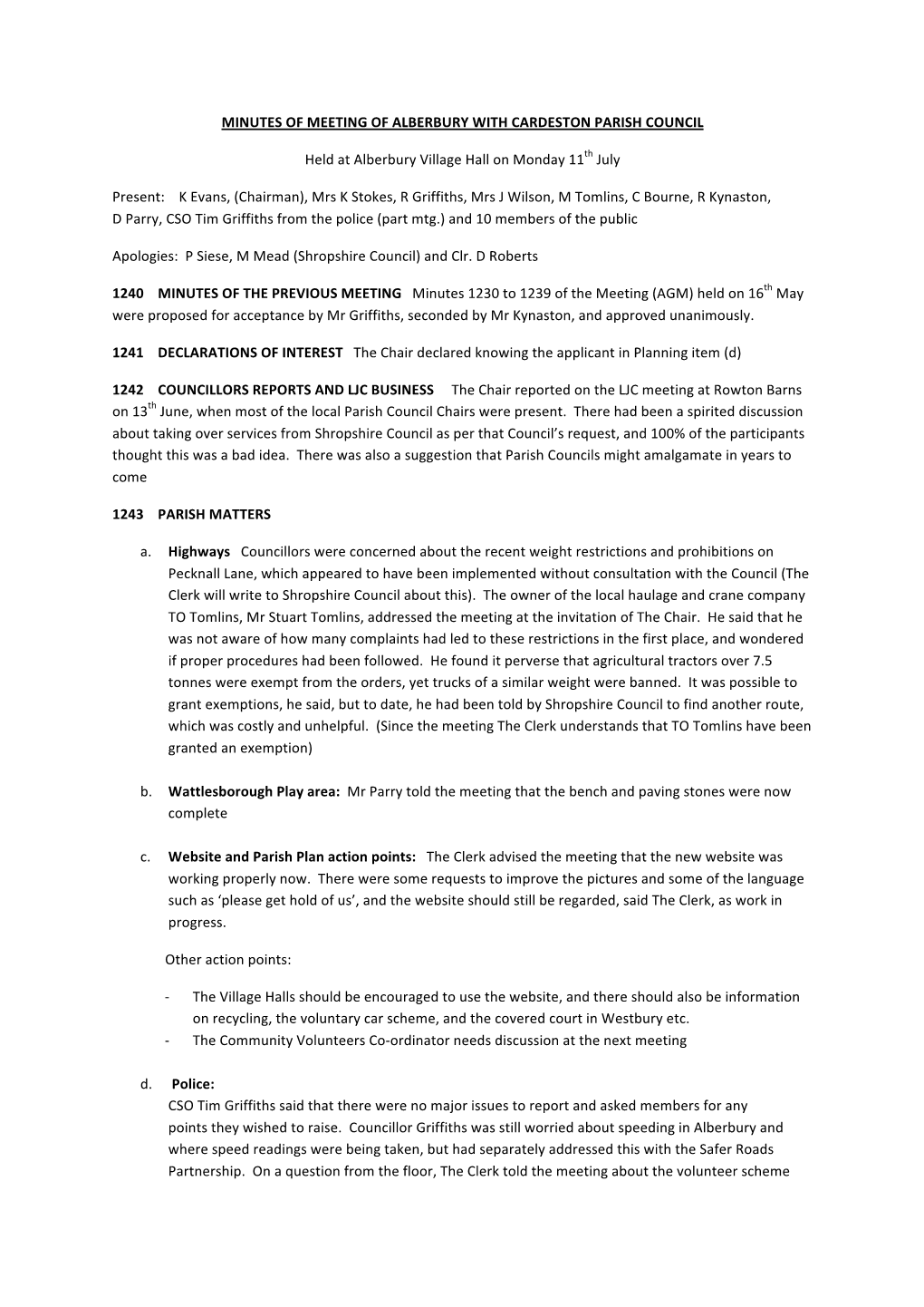 Minutes of Meeting of Alberbury with Cardeston Parish Council