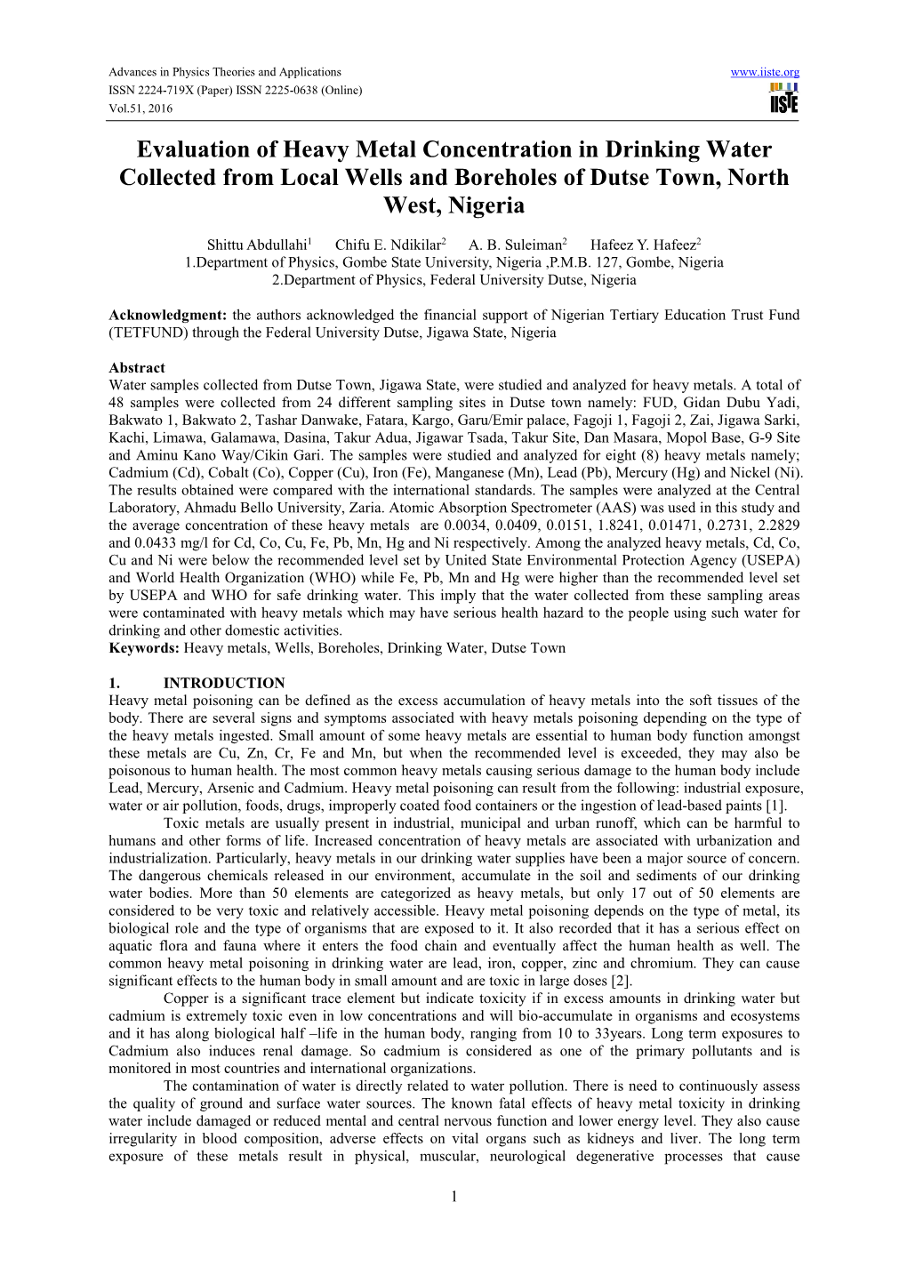 Evaluation of Heavy Metal Concentration in Drinking Water Collected from Local Wells and Boreholes of Dutse Town, North West, Nigeria