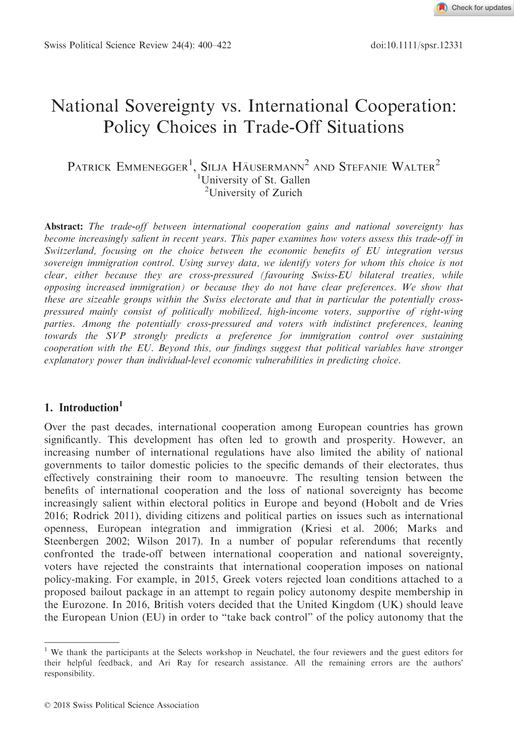 National Sovereignty Vs. International Cooperation: Policy Choices in Trade-Off Situations