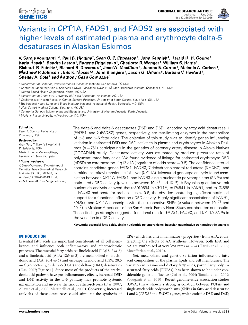 Variants in CPT1A, FADS1, and FADS2 Are Associated with Higher Levels of Estimated Plasma and Erythrocyte Delta-5 Desaturases in Alaskan Eskimos