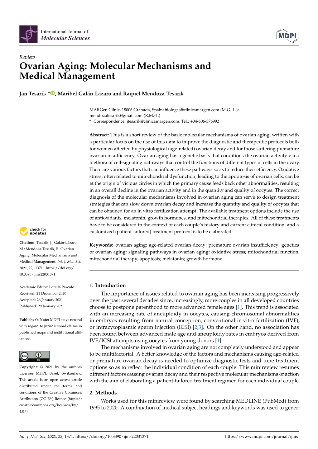 Ovarian Aging: Molecular Mechanisms and Medical Management